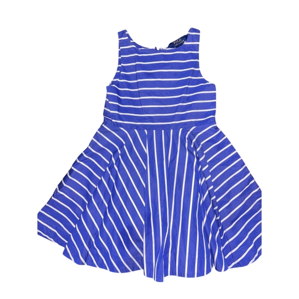 Polo Ralph Lauren Girls Blue White Striped Sleeveless Fit Flare Dress Size 4
